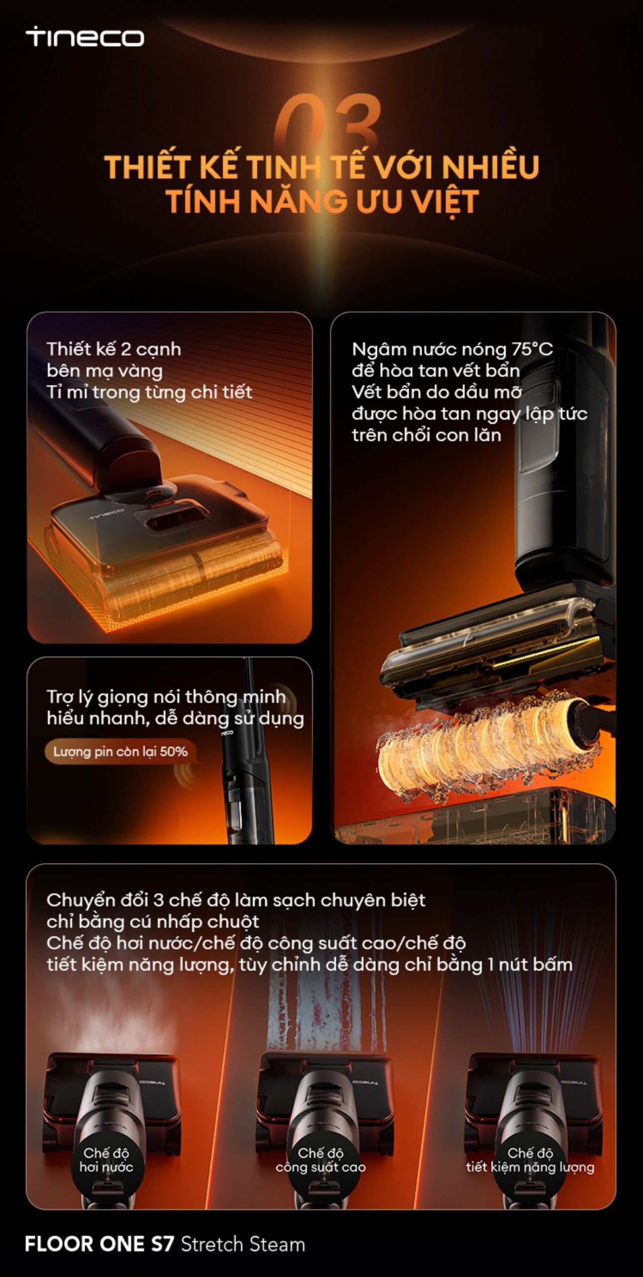 Tineco S7 Stretch Steam gập nghiêng 180°