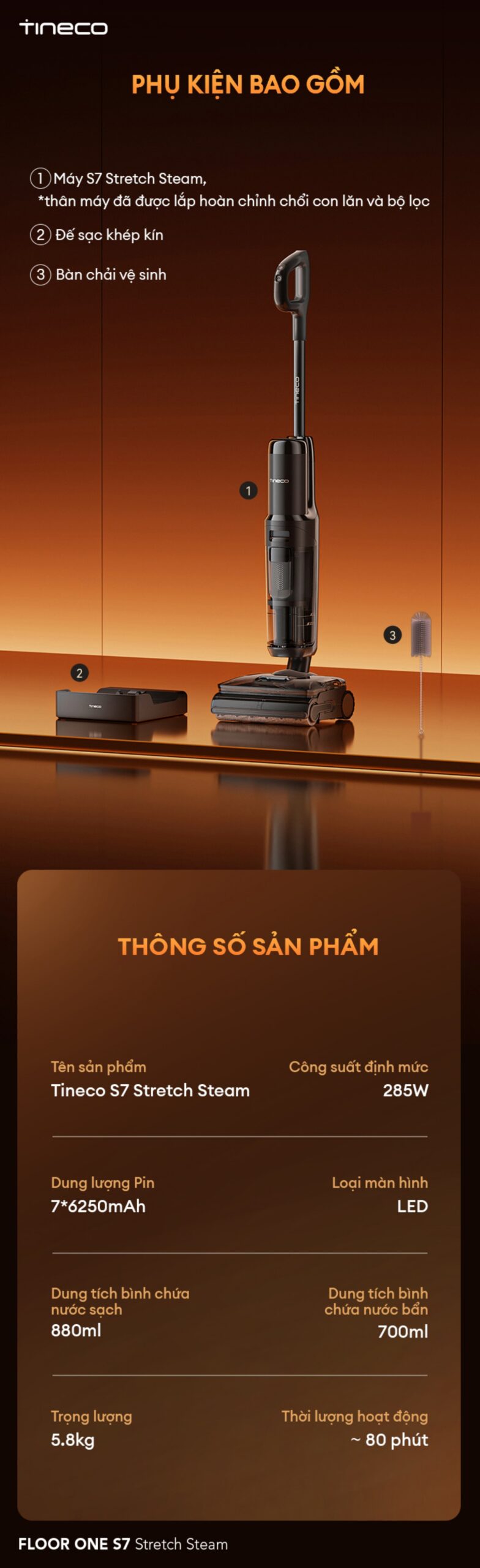 Tineco S7 Stretch Steam gập nghiêng 180°
