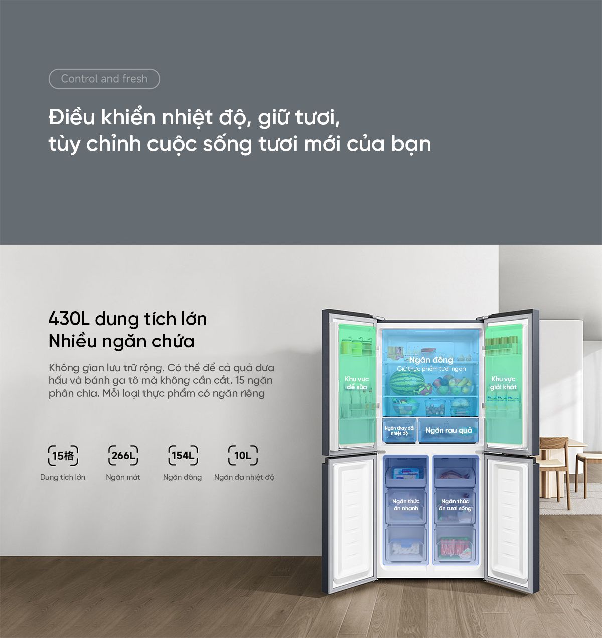 Tủ lạnh Xiaomi Mijia 430L, 4 cánh, ion khử khuẩn, cấp đông nhanh